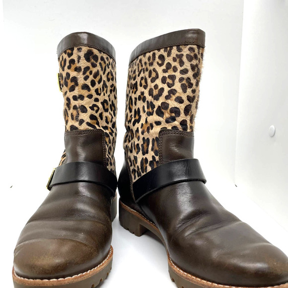 Sperry Britt Brown Leather and Calf Hair Leopard Print Buckle Clasp Boots size 5 - Picture 6 of 10